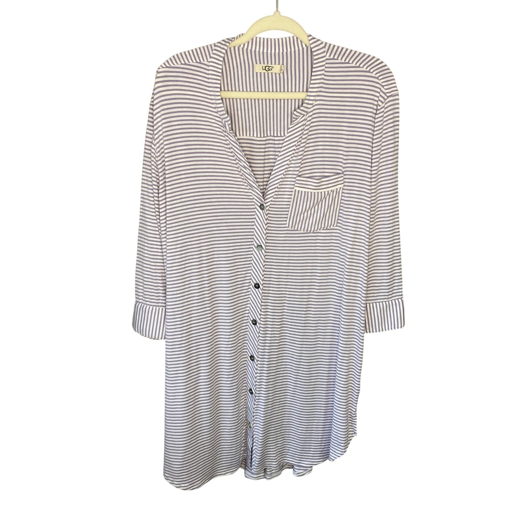 UGG Womens Striped Button Down Nightshirt Purple White 3/4 Sleeve XL Loungewear - Picture 1 of 15